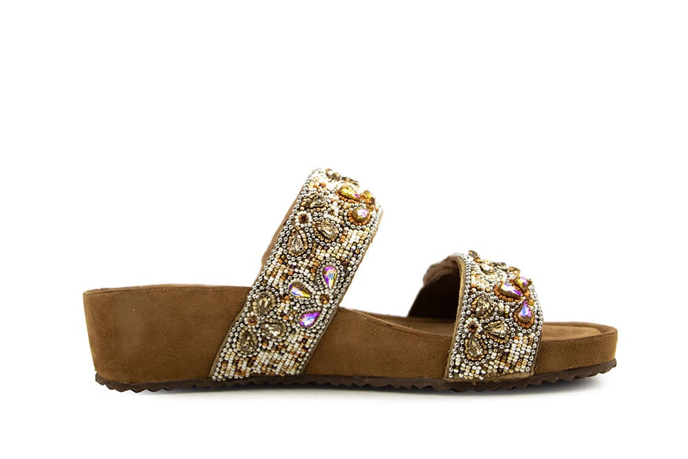 Lazamani Bo Flower Beads Two Strap Mules Beige