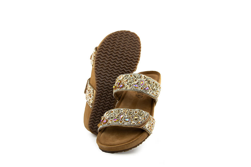 Lazamani Bo Flower Beads Two Strap Mules Beige